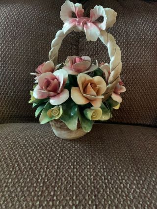Vintage Capodimonte Porcelain Basket Of Flowers Pink 6 X 4 Made In Italy