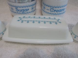Pyrex Gemco Blue Garland Snowflake Butter Dish Shakers Creamer Sugar Bowl 2