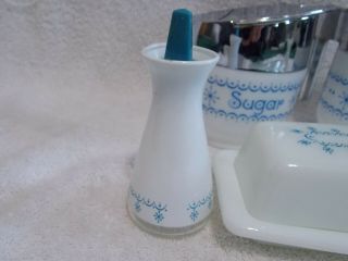 Pyrex Gemco Blue Garland Snowflake Butter Dish Shakers Creamer Sugar Bowl 3