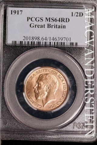 Great Britain: 1917 Half Penny - Pcgs Ms64rd - Brilliant Uncirculated Slg141