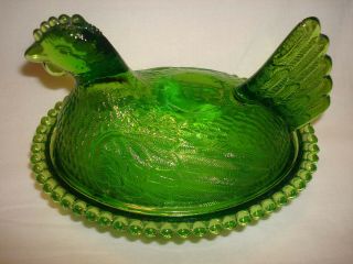 Vintage Indiana Bright Emerald Green Glass Hen on Nest Covered Animal Dish 3