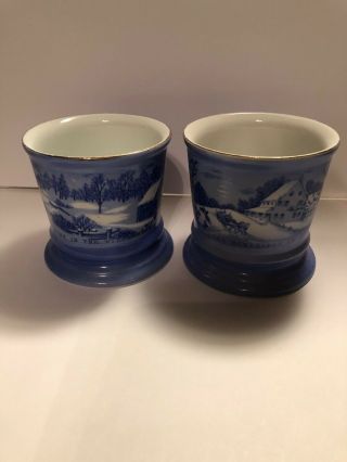 2 Vintage Blue Currier And Ives Coffee Tea Cocoa Mug Shaving Style