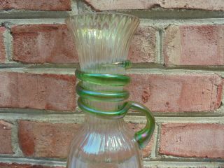 Antique Vintage Loetz Style Applied Snake Iridescent Hdld Art Glass Vase or Ewer 3