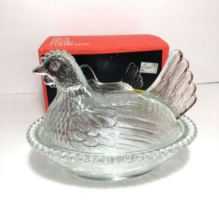 Vintage Indiana Glass Hen On Nest Crystal Clear Candy Dish Hobnail Beaded W/ Box