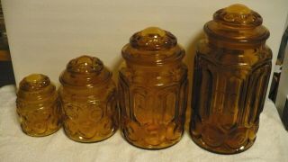 4 Vintage L E Smith Glass,  Amber - Moon & Star Canisters W/good Lids