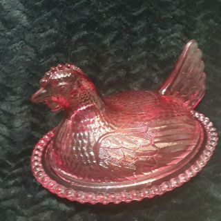 Vintage Indiana Pink Glass Chicken Hen On Nest Covered Candy Dish 7 "