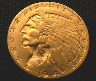 1914 Indian Head $2.  50 Dollar Quarter Eagle American Gold Coin