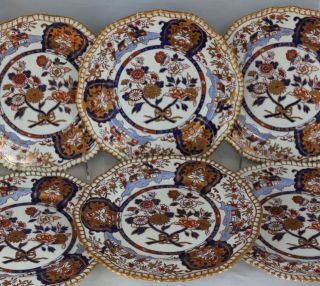 Antique 19th C.  Set 6 Spode Felspar Stoneware 3955 Imari Pattern Luncheon Plate