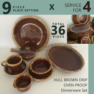 Set 36 Pc Vintage Hull Brown Drip Oven Proof 9 Piece Setting For 4 (2 Available)