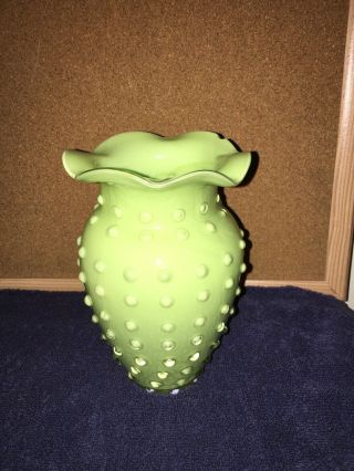 Vintage 7” Fenton Lime Green Ruffle Hobnail Vase