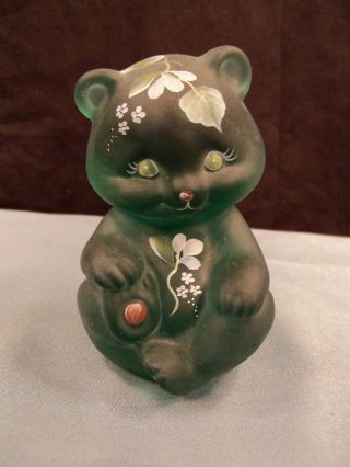 Fenton Hand Painted Satin Green Glass Bear Figurine - White Flowers