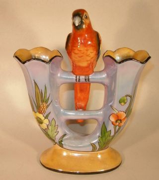 Rare Vintage Art Deco Noritake Double Flute Vase - Large Figural Bird - Luster