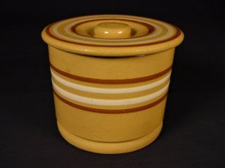 Rare Antique American Small 5 Inch Banded Crock & Lid Yellow Ware