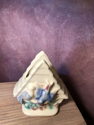 Vintage Ceramic Bird House Wall Pocket Vase Blue Birds and Flowers Birdhouse 3