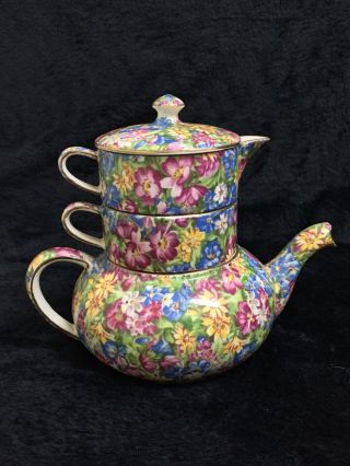 Vintage Royal Winton Grimwades Joyce - Lynn Chintz Stacking Teapot Complete Vgc