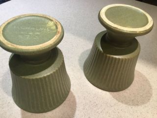 Two Vintage Mccoy Floraline Pottery Ribbed Pedestal Planters 473 Avocado Green
