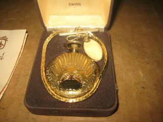 Vintage Colibri 17 Jewel Gold Tone Swiss Pocket Watch - w/ Chain & Box 2