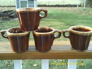 Mcm Set Of 4 Vintage Hull Pottery Brown Drip Glaze Coffee Cup Mugs - Shiny