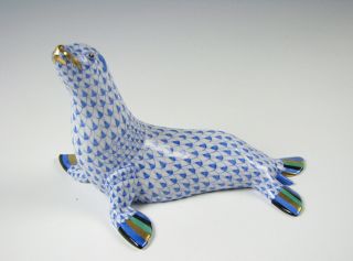 Herend Porcelain Blue Fishnet Figurine Seal Or Sea Lion Perfect