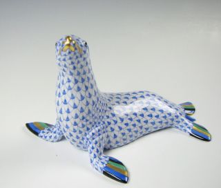 Herend Porcelain Blue Fishnet Figurine Seal or Sea Lion Perfect 2