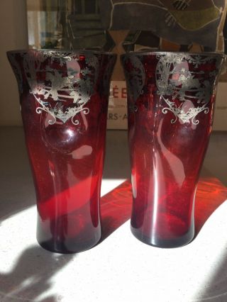 2 Antique Vtg Ruby Red Sterling Overlay Blown Glasses Horse Riding Motif 5.  75 "