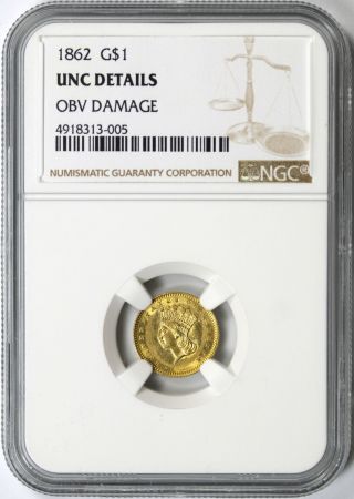 1862 Type 3 G$1 Gold Dollar Ngc Unc Details Obverse Damage