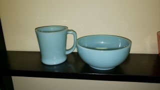 2 Vtg Fire King Delphite Turquoise Blue D Handle Mug & 5 " Chili Bowl