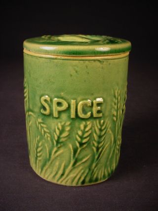 Rare Antique Green Hull Spice Jar With Lid Yellow Ware