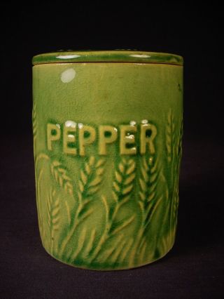 Rare Antique Green Hull Pepper Jar With Lid Yellow Ware