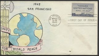 1945 Us 928 Un Conference Fdc,  Handpainted Mae Weigand Cachet,  Faults