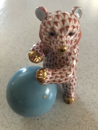Herend Fine Porcelanie Bear With Ball Rust Fishnet And Gold Finish