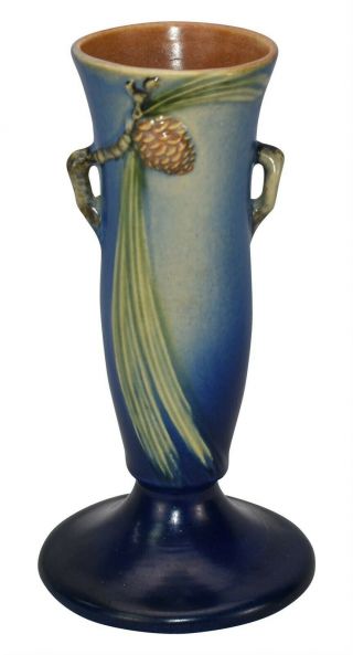 Roseville Pottery Pine Cone Blue Vase 705 - 9