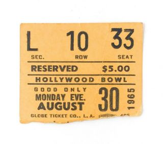 Beatles Rare 1965 Concert Ticket Stub For The Hollywood Bowl Concert