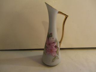 Vintage Lefton China Mini Pitcher Vase W/hand Painted Pink Rose And Gold Trim