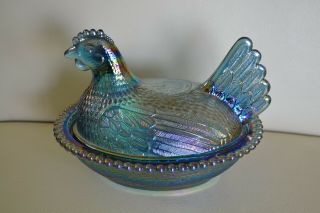 Vtg Blue Carnival Glass Candy Butter Dish Indiana Chicken Hen On A Basket Nest