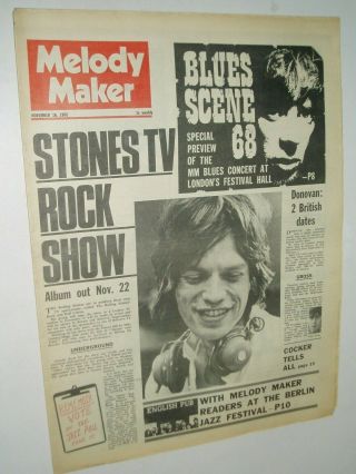 Melody Maker Pop Paper.  16th Nov.  1968.  Rolling Stones " Mick Jagger " Cover