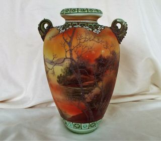 Lovely 9 " Antique Japan Hand Painted Moriage Vase Maple Leaf Mark