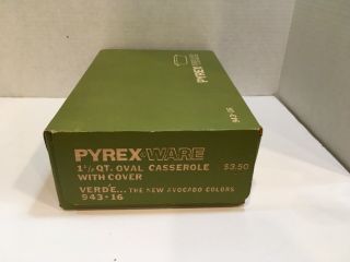 Vintage Pyrex Verde 1 1/2 Quart Oval Casserole 943 - 16 Box Avocado Color