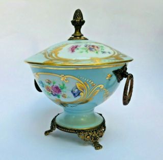 Rare Antique French Porcelain And Bronze Limoges Sugar Bowl