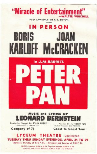 Rare " Peter Pan " Poster For Lyceum Theatre,  Minneapolis,  Stars Karloff,  Mccracken