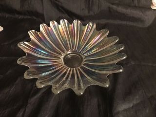 Vintage Carnival Glass Clear Iridescent Rainbow Dish Bowl Flower Pattern 11.  5”