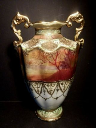 Antique Nippon Hand Painted Scenic Vase Maple Leaf Mark Heavy Moriage 9 1/4 " Old