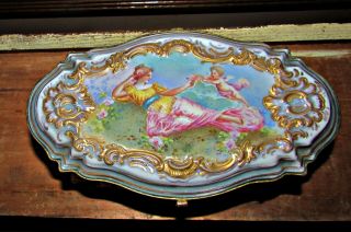 Antique Sevres Hand Painted Scalloped Box Bronze Mount Woman Cupid Flowers Gold