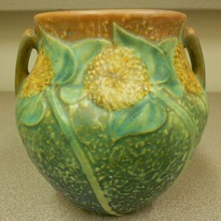 Roseville Pottery Sunflower Bulbous Handled Vase Pristine Vivid No Crazing
