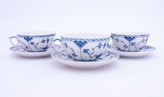 3 Teacups & Saucers 656 - Blue Fluted Royal Copenhagen - Half Lace 1:st Quality 3