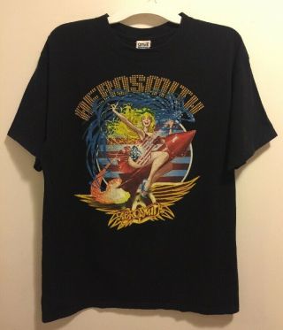 Rare Aerosmith Rocket Girl Blast Off American Flag Firework Franchesco T - Shirt L