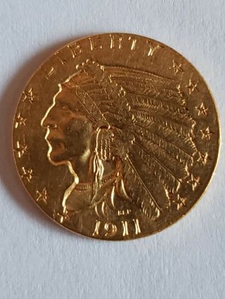 Gold Quarter Eagle 2.  5 Indian 1911 Coin Almost Uncirculated