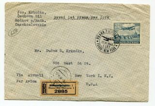 Czechoslovakia 1946 Airmail First Flight Cover To York - Moravska Registered