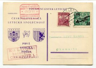 Czechoslovakia 1927 Early Airmail Overprint - Ffc Postcard To Chemnitz,  Germany