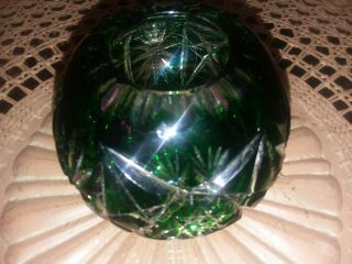 Bohemian Emerald Green Lead Crystal Cut To Clear Small Rose Bowl Vase
